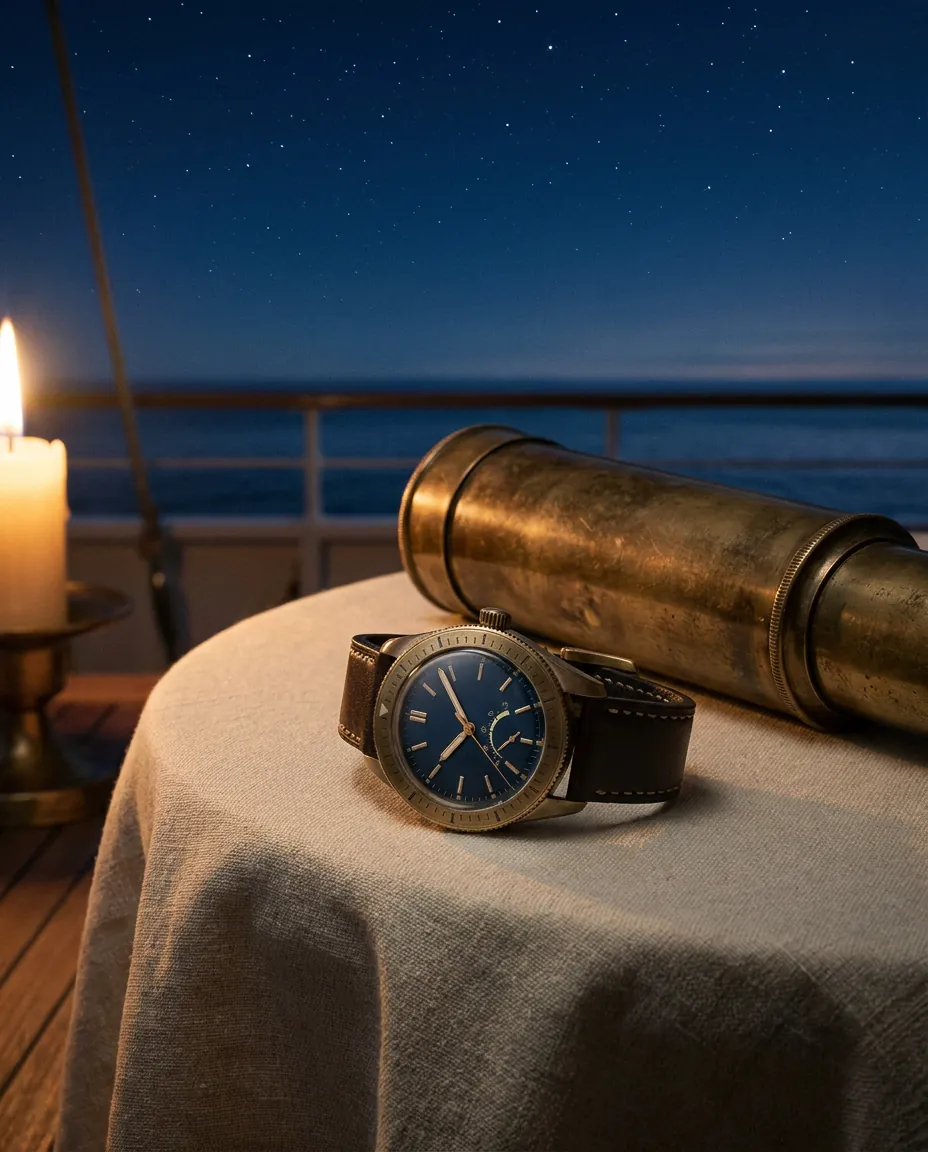 Evening on deck - the instrument beside a brass telescope under the stars
