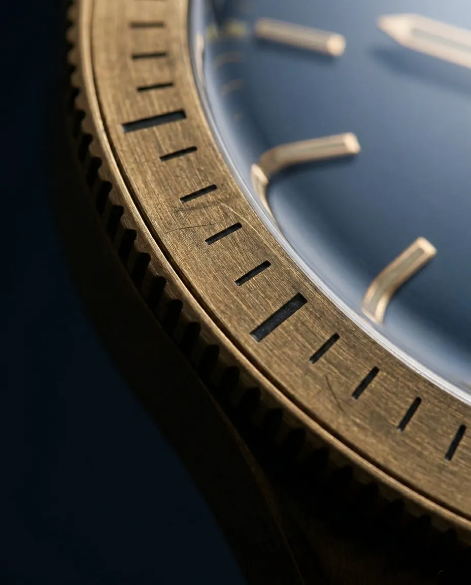 Macro of the ISOLARIO bezel engraving in aged brass