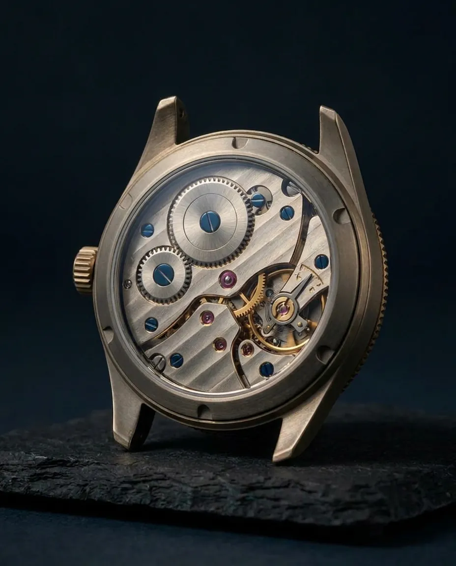 Macro of the ISOLARIO caseback movement through sapphire